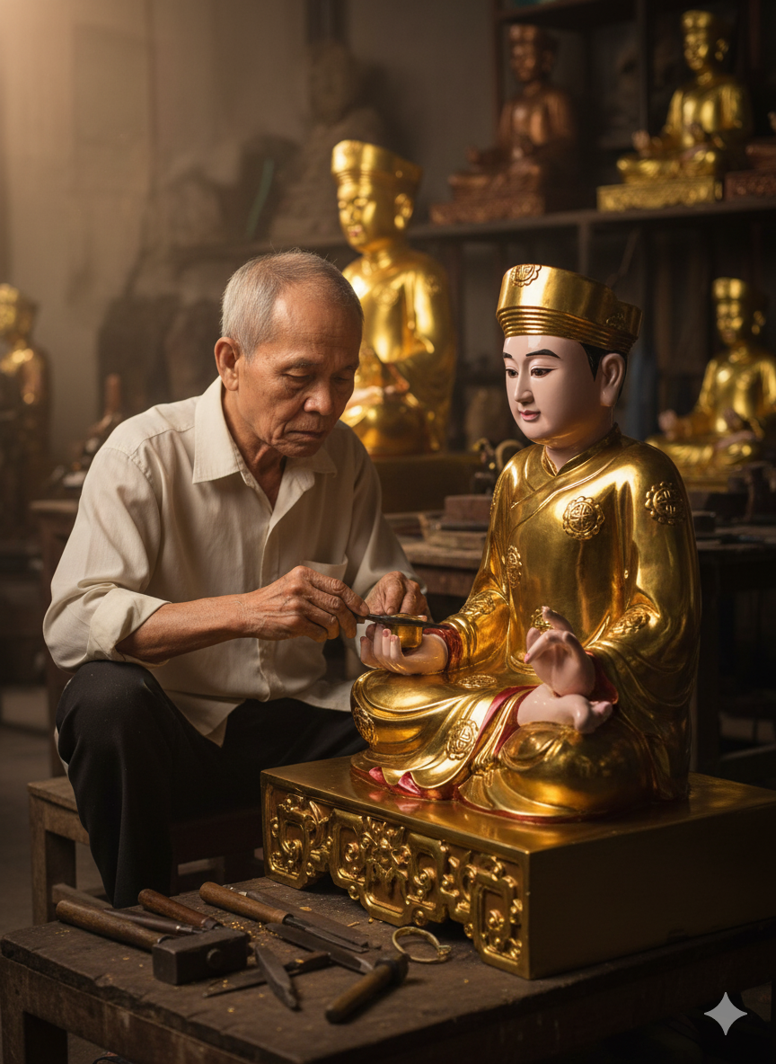 Nghệ nhân Viking Tech Group tỉ mỉ hoàn thiện từng chi tiết tượng Ông Hoàng Tư bằng đồng nguyên chất.
