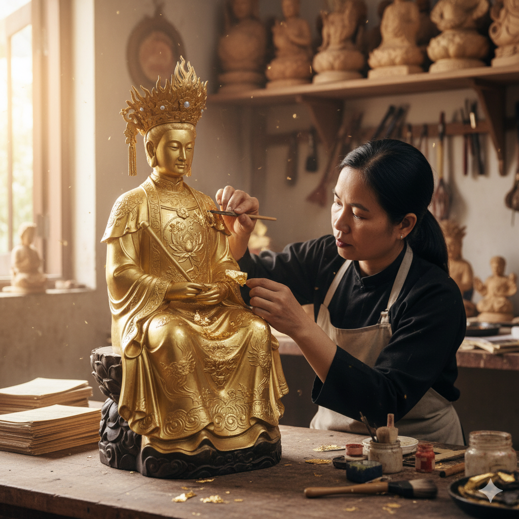 Nghệ nhân tại đang hoàn thiện chi tiết dát vàng trên tượng Chầu Lục Thoải Cung Nương.