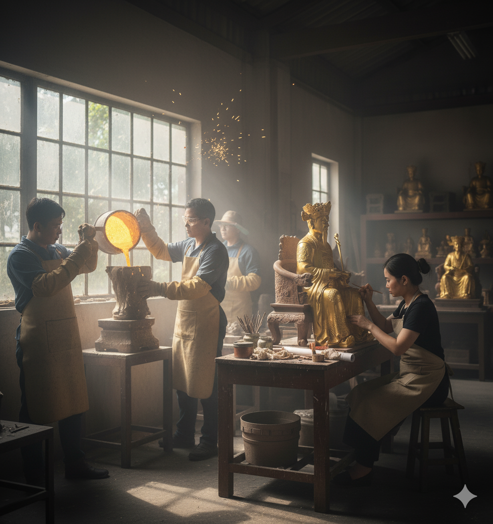 Quá trình đúc và hoàn thiện tượng Vua Cha Thoải Phủ tại xưởng.