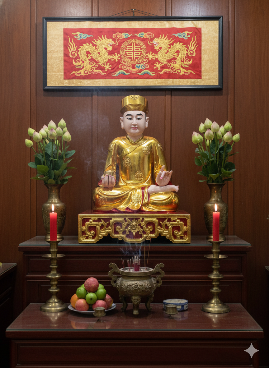 Không gian thờ tượng Ông Hoàng Tư bằng đồng – bài trí chuẩn phong thủy, thể hiện lòng tôn kính và trang nghiêm.