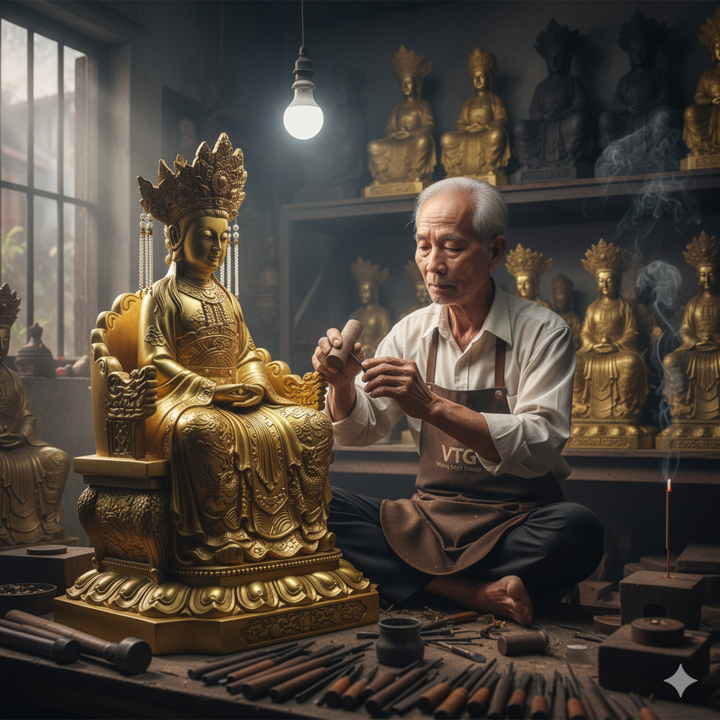 Nghệ nhân tỉ mỉ hoàn thiện từng chi tiết tượng Cô Cả Thượng Thiên bằng đồng thủ công truyền thống.