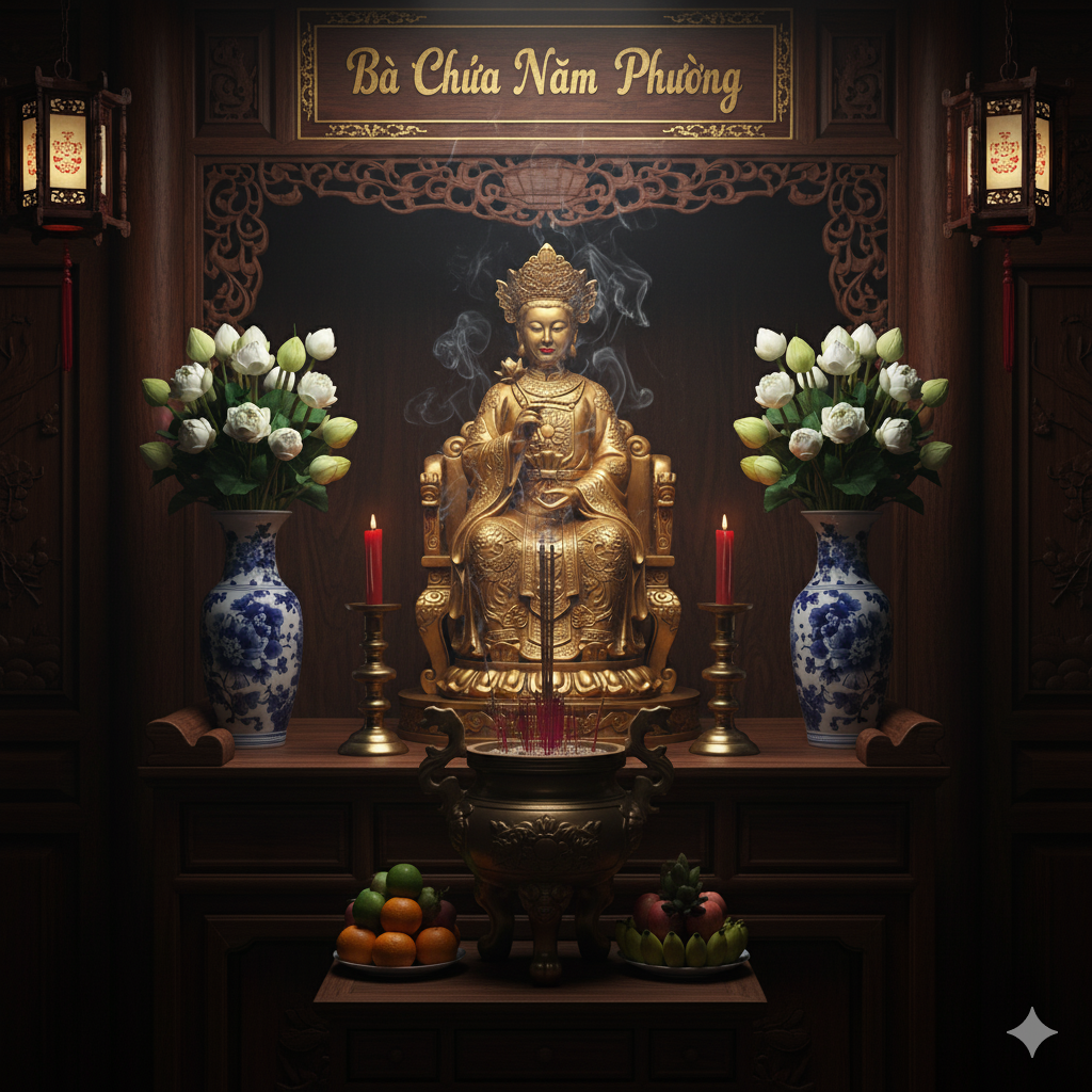 Không gian thờ Bà Chúa Năm Phương được bài trí trang nghiêm, thanh tịnh