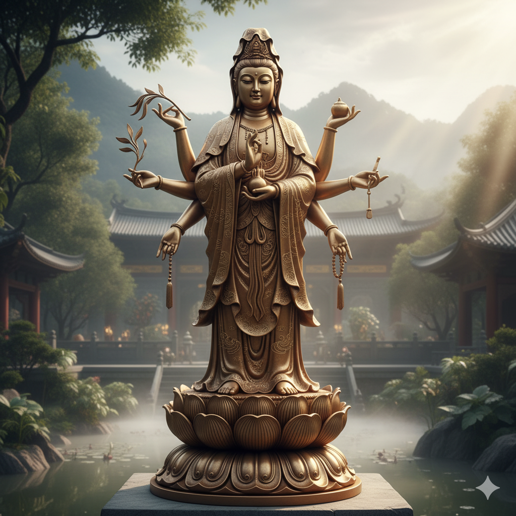 Quan Âm đứng trên đài sen, gương mặt hiền từ, biểu tượng cho lòng từ bi vô lượng.
