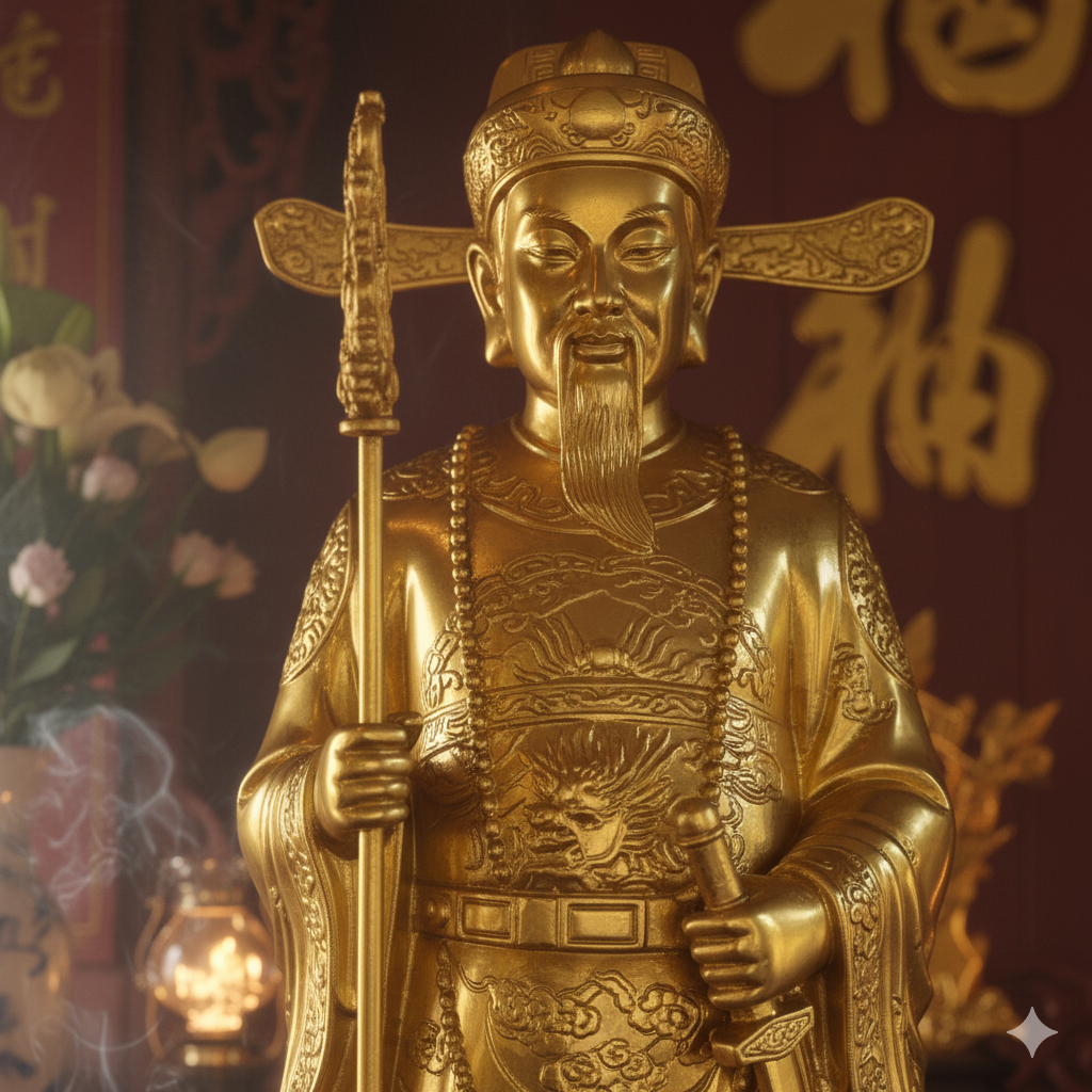 Chi tiết áo giáp, kiếm và mão của tượng Ông Hoàng Đôi được chạm khắc tỉ mỉ, thể hiện khí phách hiên ngang của vị Thánh trấn ải phương Bắc.