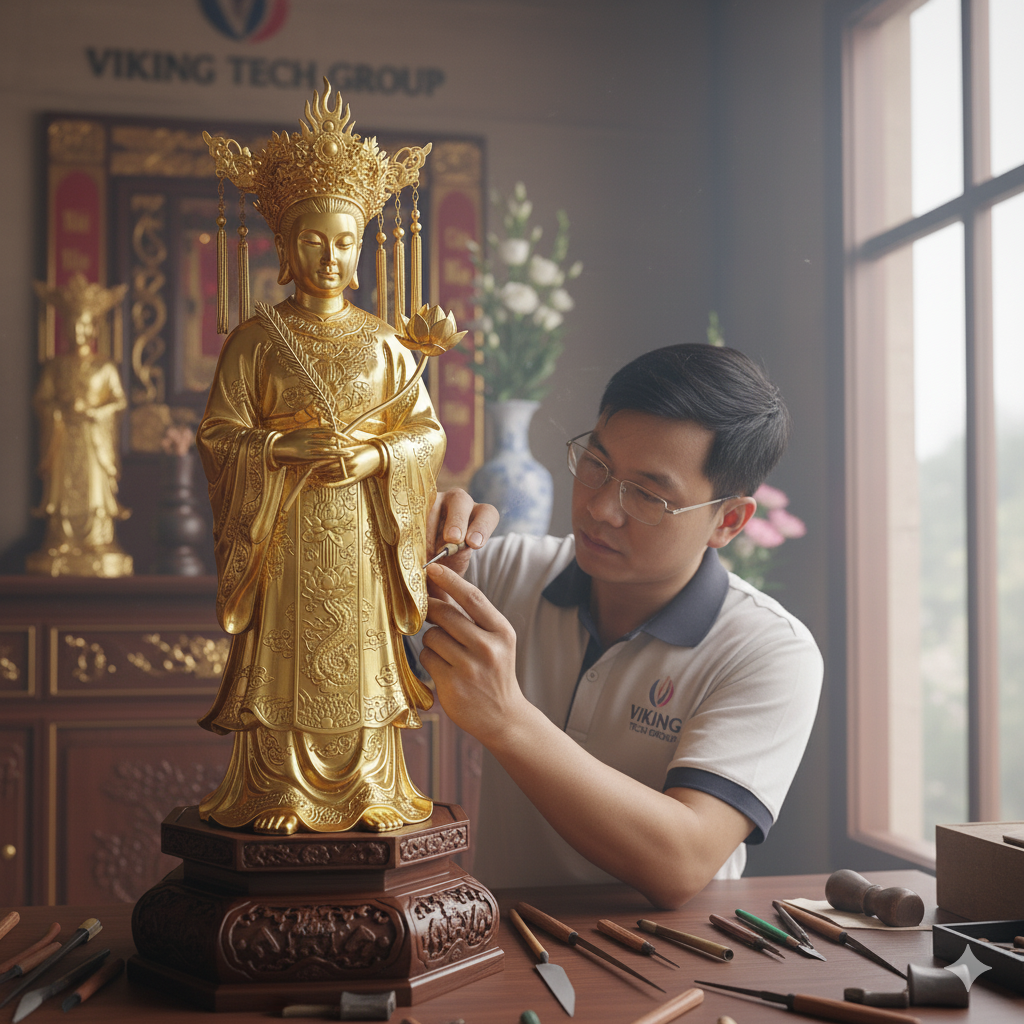 Nghệ nhân đang hoàn thiện các chi tiết tinh xảo trên tượng Cô Tư Tây Hồ