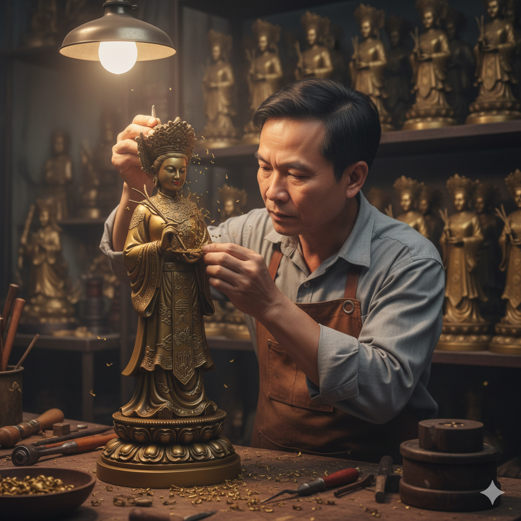 Nghệ nhân tỉ mỉ chạm khắc từng chi tiết trên tượng – đảm bảo chuẩn thần thái và độ bền vĩnh cửu.