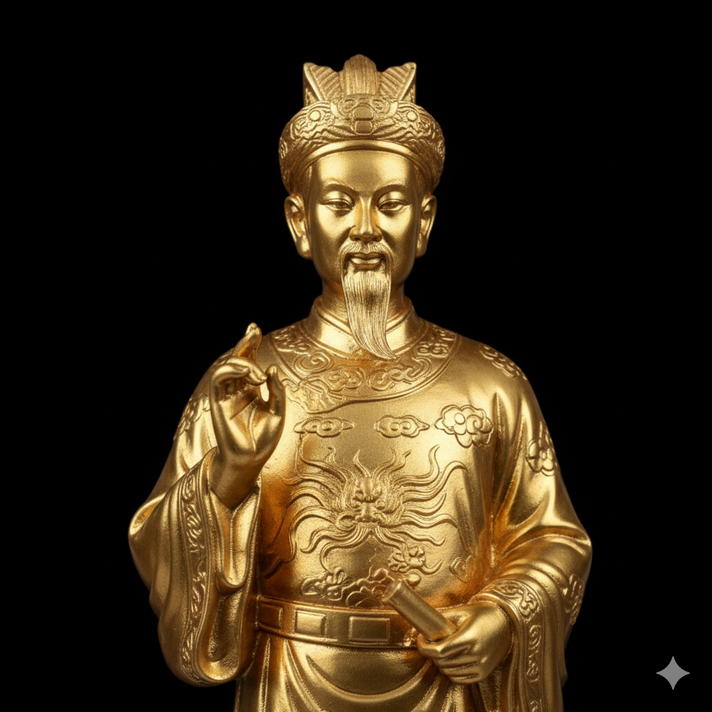 Chi tiết y phục và mũ mão được chạm khắc tinh tế, thể hiện rõ khí chất và uy quyền của Ông Hoàng Lục.