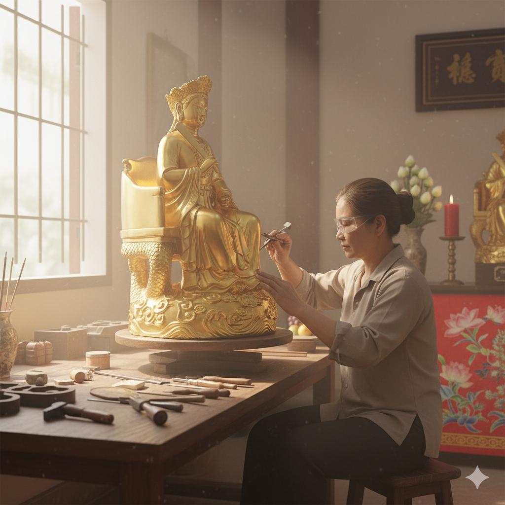 Nghệ nhân Viking Tech Group trong quá trình hoàn thiện tượng Chầu Mười – tỉ mỉ từng chi tiết để giữ chuẩn thần thái linh thiêng