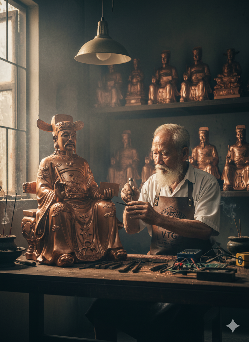 Nghệ nhân chế tác tượng Ông Hoàng Bắc Quốc bằng đồng thủ công – từng chi tiết đều mang linh khí và thần sắc riêng.