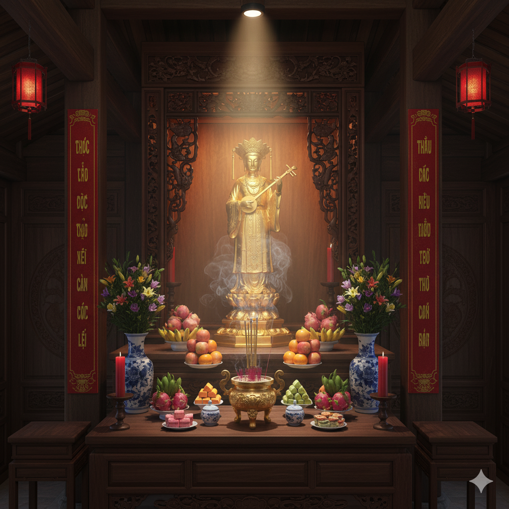 Không gian thờ tượng Chầu Bé Bắc Lệ bằng đồng tại gia, mang lại cảm giác trang nghiêm và linh thiêng.