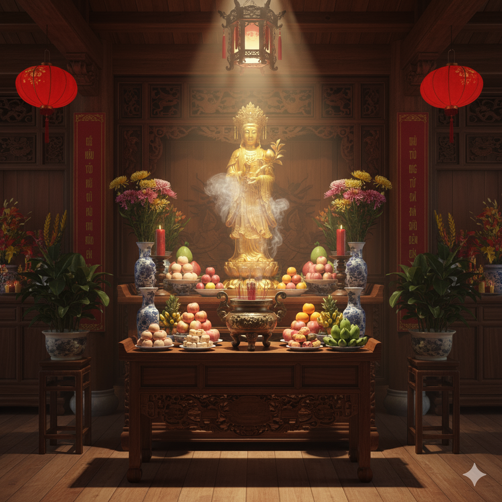 Không gian thờ tượng Mẫu Đệ Tứ Địa Tiên bằng đồng trong điện thờ Tứ Phủ – trang nghiêm, linh ứng và ấm cúng.