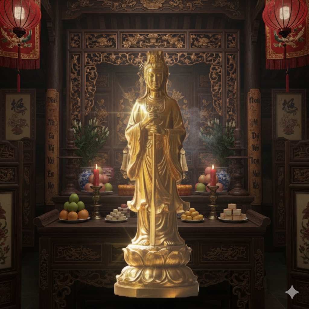 Tượng Cô Bơ Tây Hồ được an vị trang trọng tại ban thờ Tứ Phủ – ánh sáng phản chiếu trên đồng vàng rực rỡ.