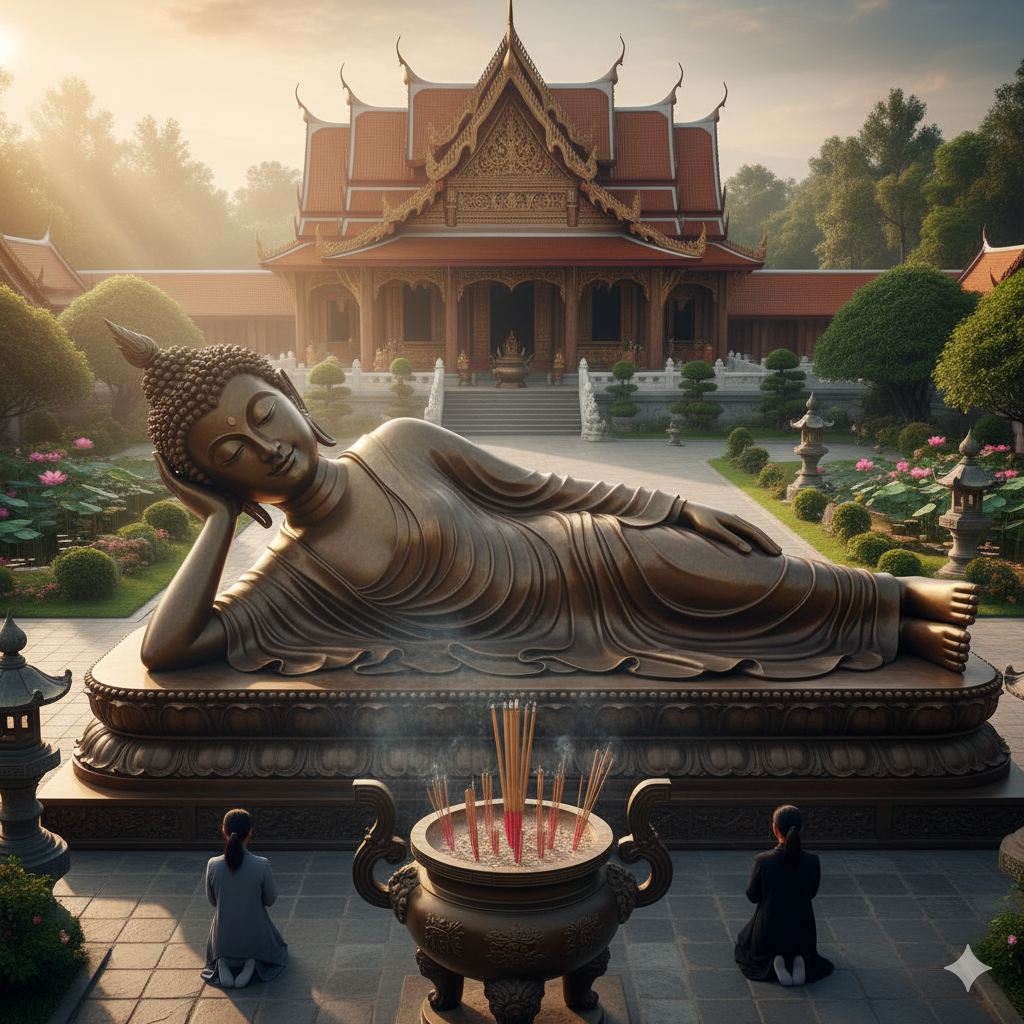 Tượng Phật Nằm – Niết Bàn bằng đồng trong khuôn viên chùa, biểu tượng của an lạc và lòng từ bi vô lượng.