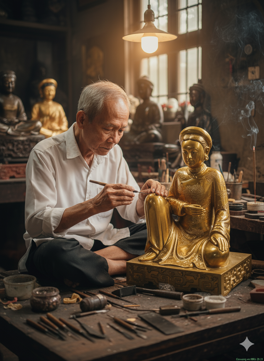 Nghệ nhân Viking Tech Group đang hoàn thiện tượng Cô Bơ Thoải bằng đồng đỏ nguyên chất – tinh xảo trong từng chi tiết.