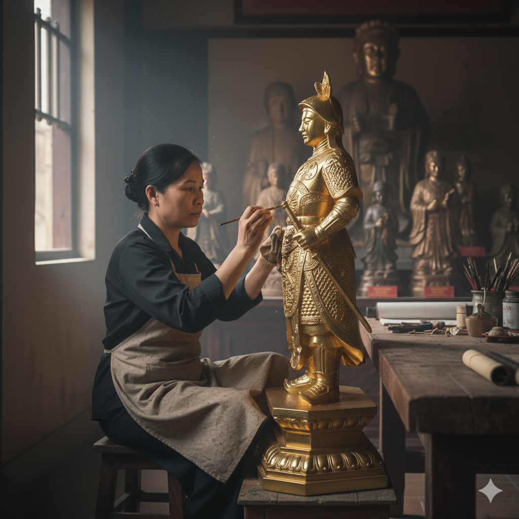 Nghệ nhân hoàn thiện chi tiết giáp vàng trên tượng Chầu Tám Bát Nàn – biểu tượng của quyền uy và lòng trung nghĩa.