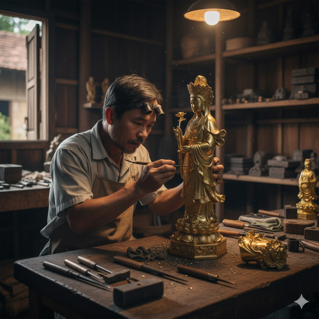 Nghệ nhân đang hoàn thiện tượng Cô Bé Suối Ngang bằng đồng – thể hiện sự khéo léo và tôn kính trong từng đường nét.