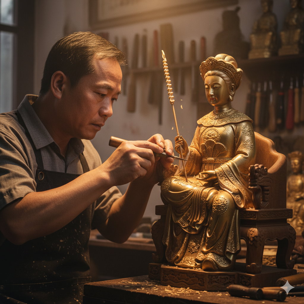 Nghệ nhân tỉ mỉ chạm khắc từng chi tiết trên tượng – đảm bảo chuẩn thần thái và độ bền vĩnh cửu.