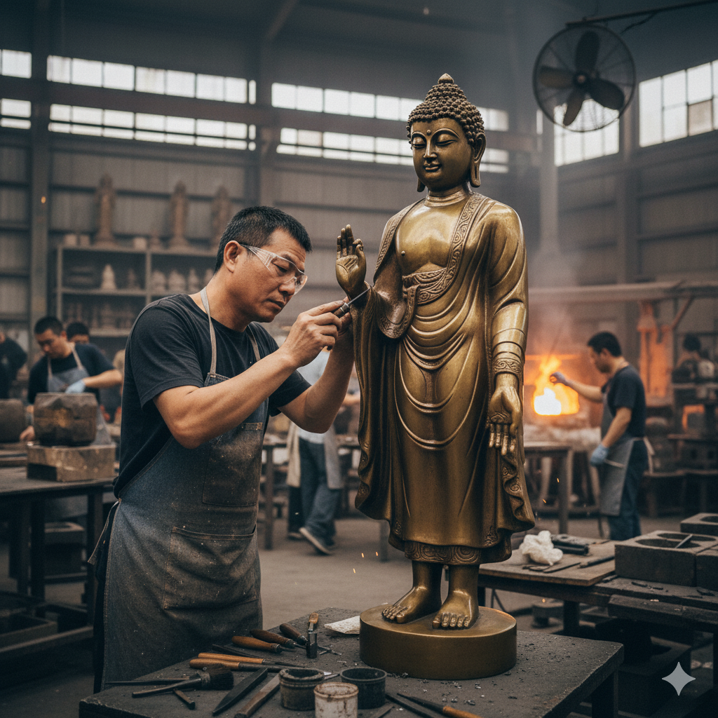 Nghệ nhân đang hoàn thiện tượng Phật Thích Ca Mâu Ni bằng đồng tinh xảo tại xưởng đúc