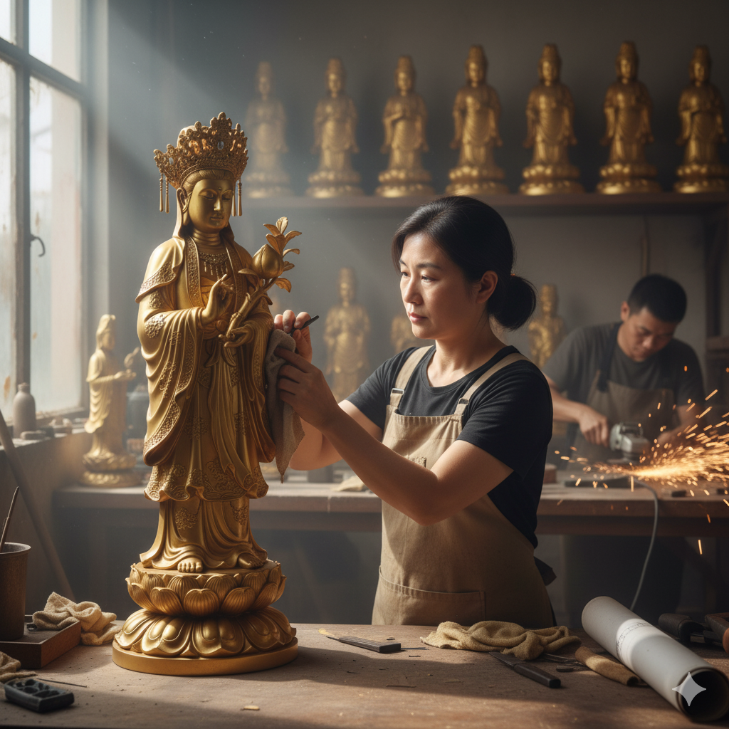 Nghệ nhân chế tác tượng Mẫu Đệ Tứ Địa Tiên bằng đồng nguyên chất, đảm bảo chuẩn phong thái và độ bền vượt trội.