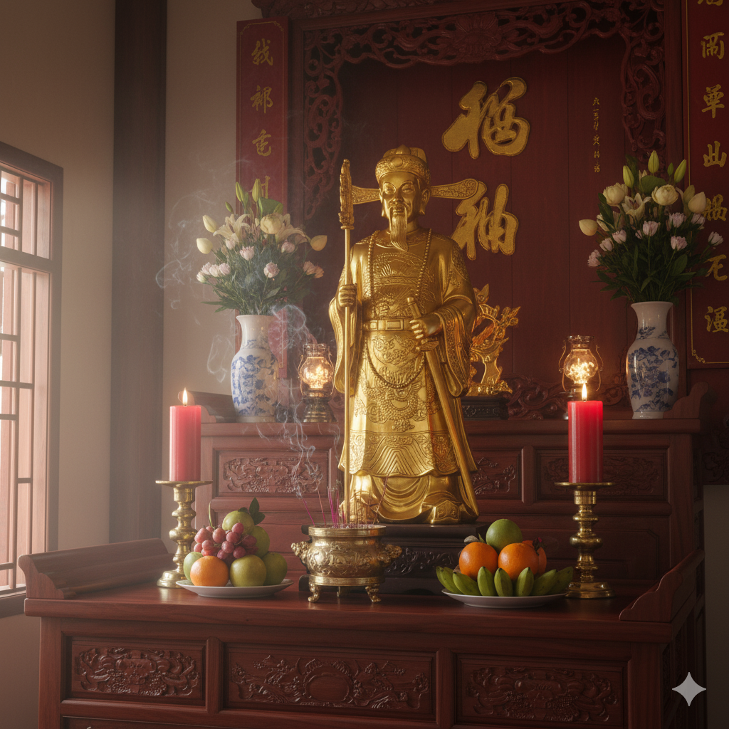 Không gian thờ tượng Ông Hoàng Đôi trang nghiêm, giúp gia chủ thu hút tài lộc và bảo hộ bình an cho cả gia đình.