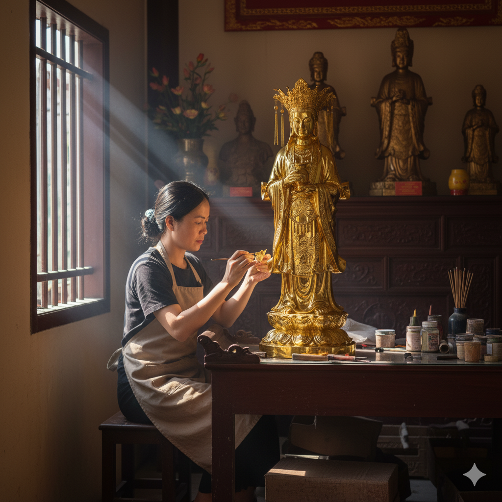 hình ảnh không gian thờ tượng Cô Chín bằng đồng tại gia – tỏa sáng linh khí, mang lại bình an và phúc lộc cho gia chủ: