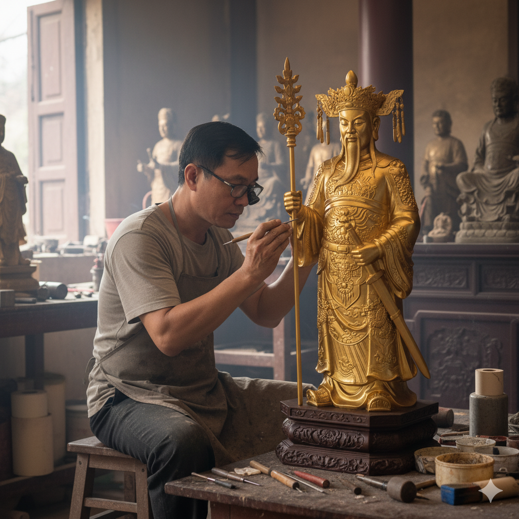 Nghệ nhân đang hoàn thiện chi tiết trang phục trên tượng Ông Hoàng Năm tại xưởng 