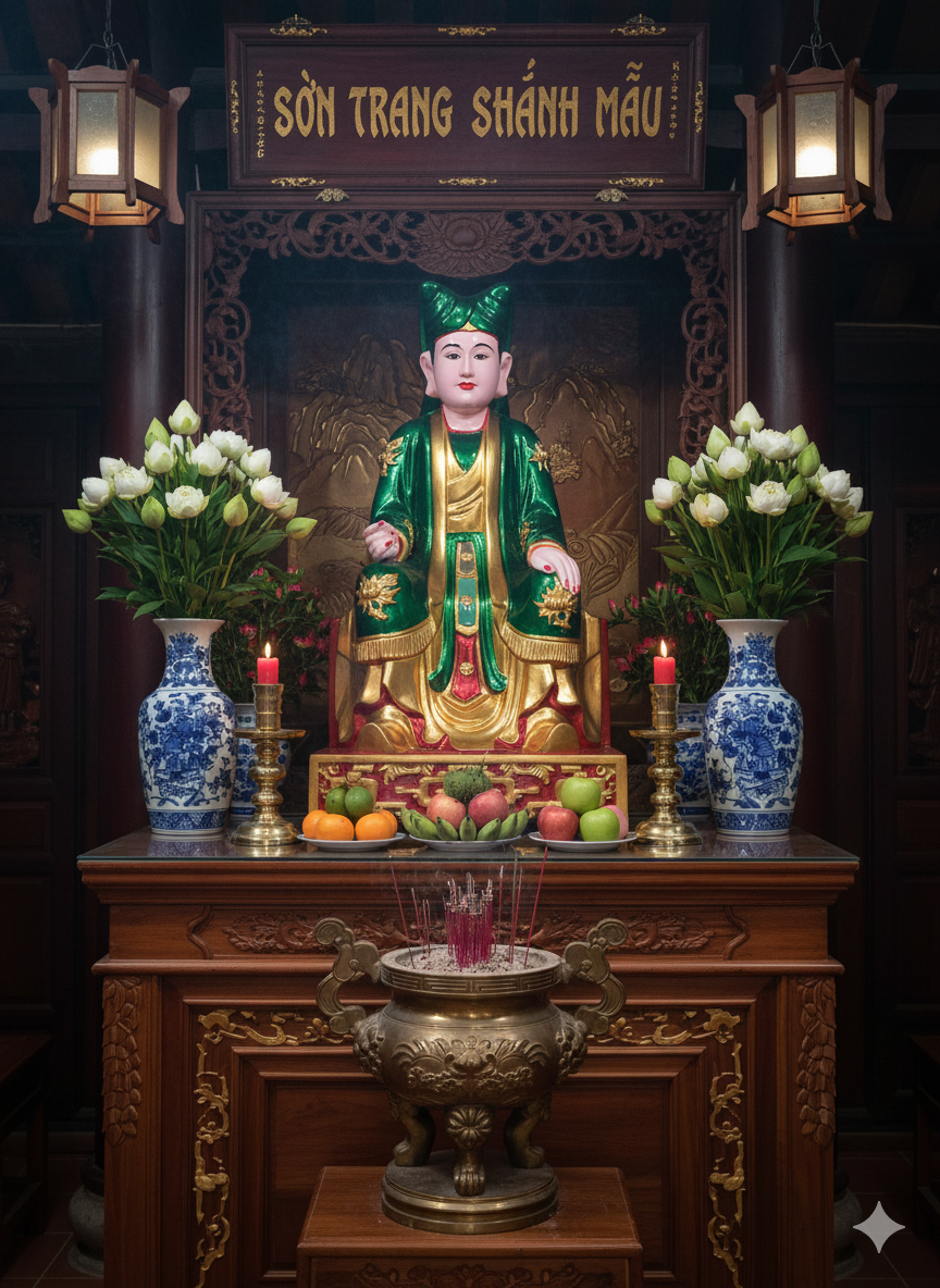 Không gian thờ Cô Sáu Sơn Trang được bài trí trang nghiêm, thanh tịnh – thể hiện lòng tôn kính với Thánh Cô miền núi.