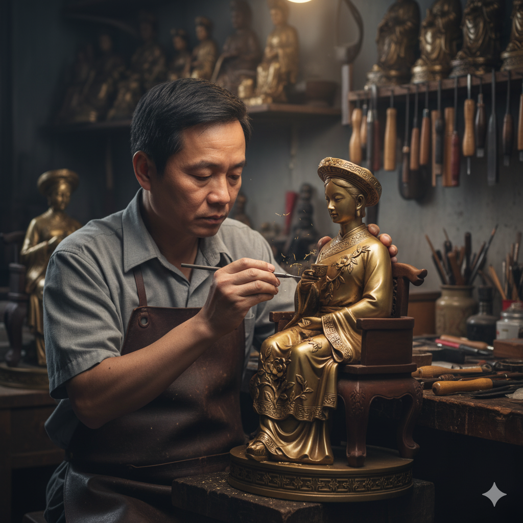 Nghệ nhân tỉ mỉ chạm khắc từng chi tiết trên tượng – đảm bảo chuẩn thần thái và độ bền vĩnh cửu.