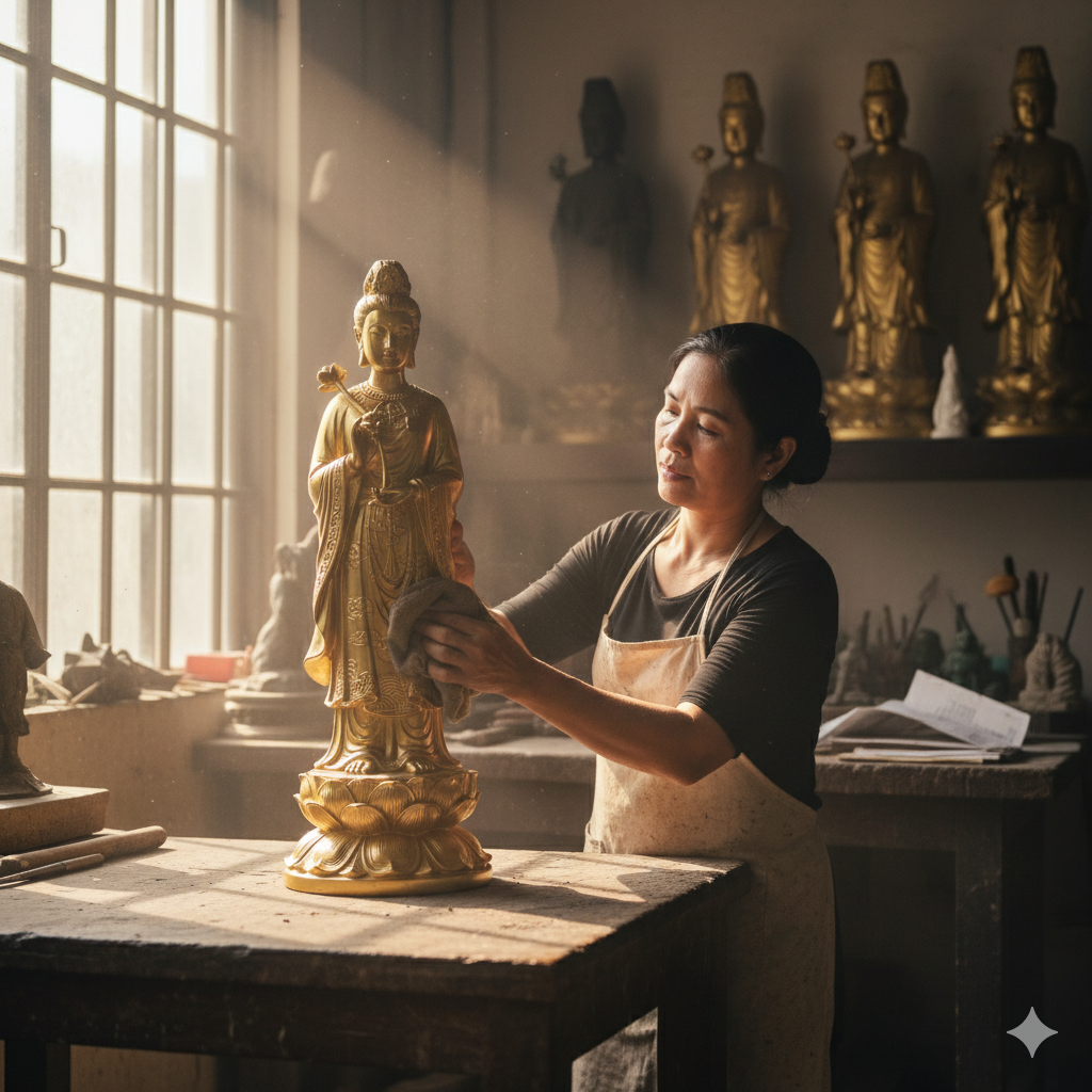 Nghệ nhân tỉ mỉ hoàn thiện tượng Cô Bé Đông Cuông bằng đồng – từng chi tiết được chạm khắc thủ công sắc nét.