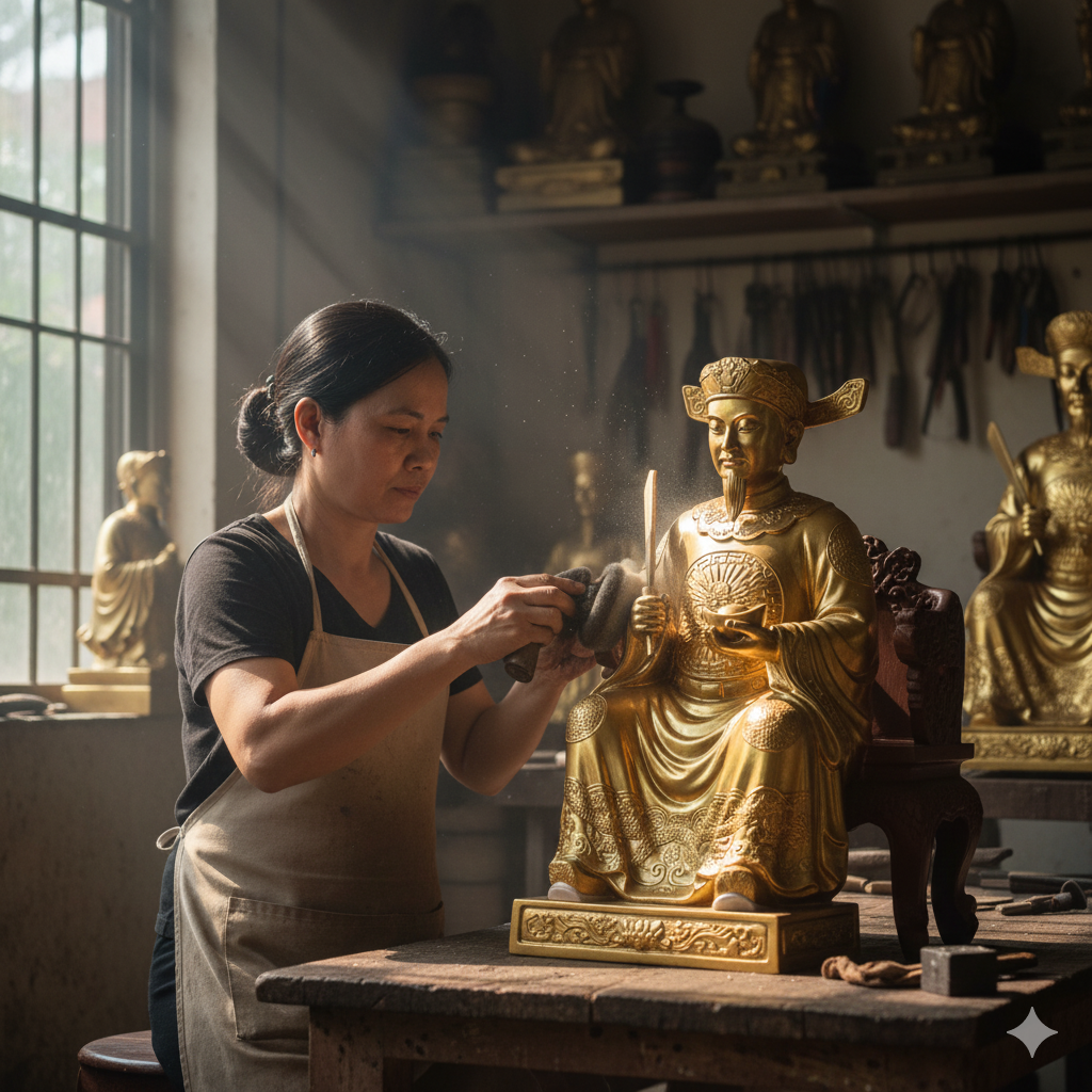 Nghệ nhân đang hoàn thiện tượng Ông Hoàng Mười bằng đồng vàng – công đoạn mài, đánh bóng tạo độ sáng bóng và bền đẹp theo thời gian.