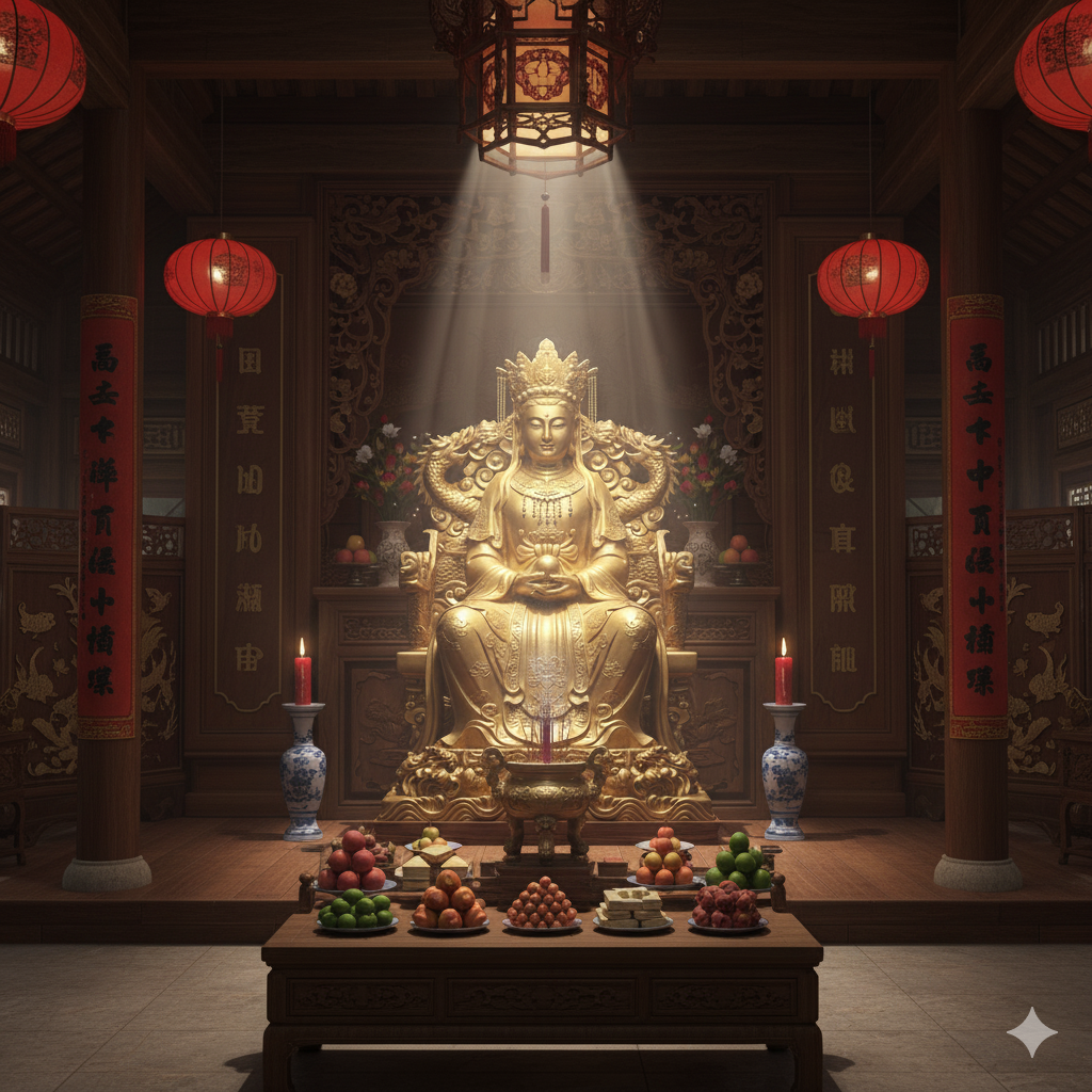 Không gian thờ tượng Cô Bé Thoải bằng đồng vàng trang nghiêm, tỏa sáng linh khí và năng lượng bình an.