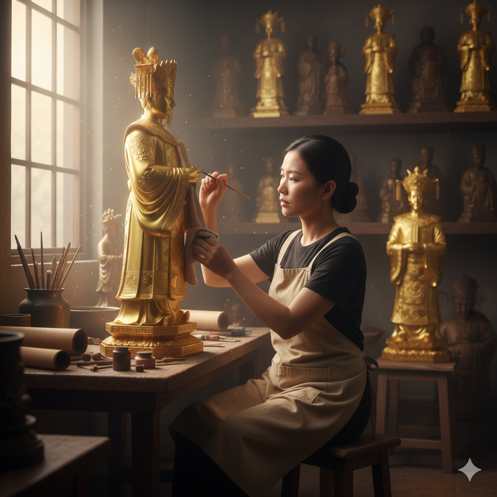 Nghệ nhân đúc tượng Quan Lớn Đệ Nhất bằng đồng đỏ nguyên chất tại xưởng.