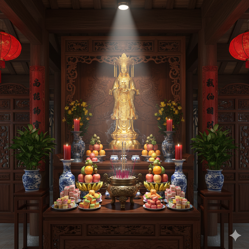 Không gian thờ tượng Cô Chín bằng đồng tại gia – tỏa sáng linh khí, mang lại bình an và phúc lộc cho gia chủ.