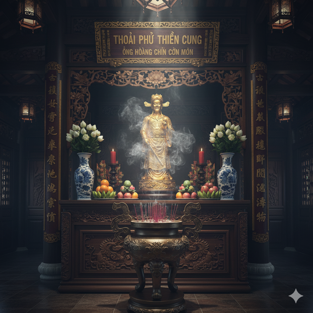 Tượng Ông Hoàng Chín Cờn Môn bằng đồng được đặt tại điện Thoải Phủ – không gian trang nghiêm, tỏa linh khí mạnh mẽ.