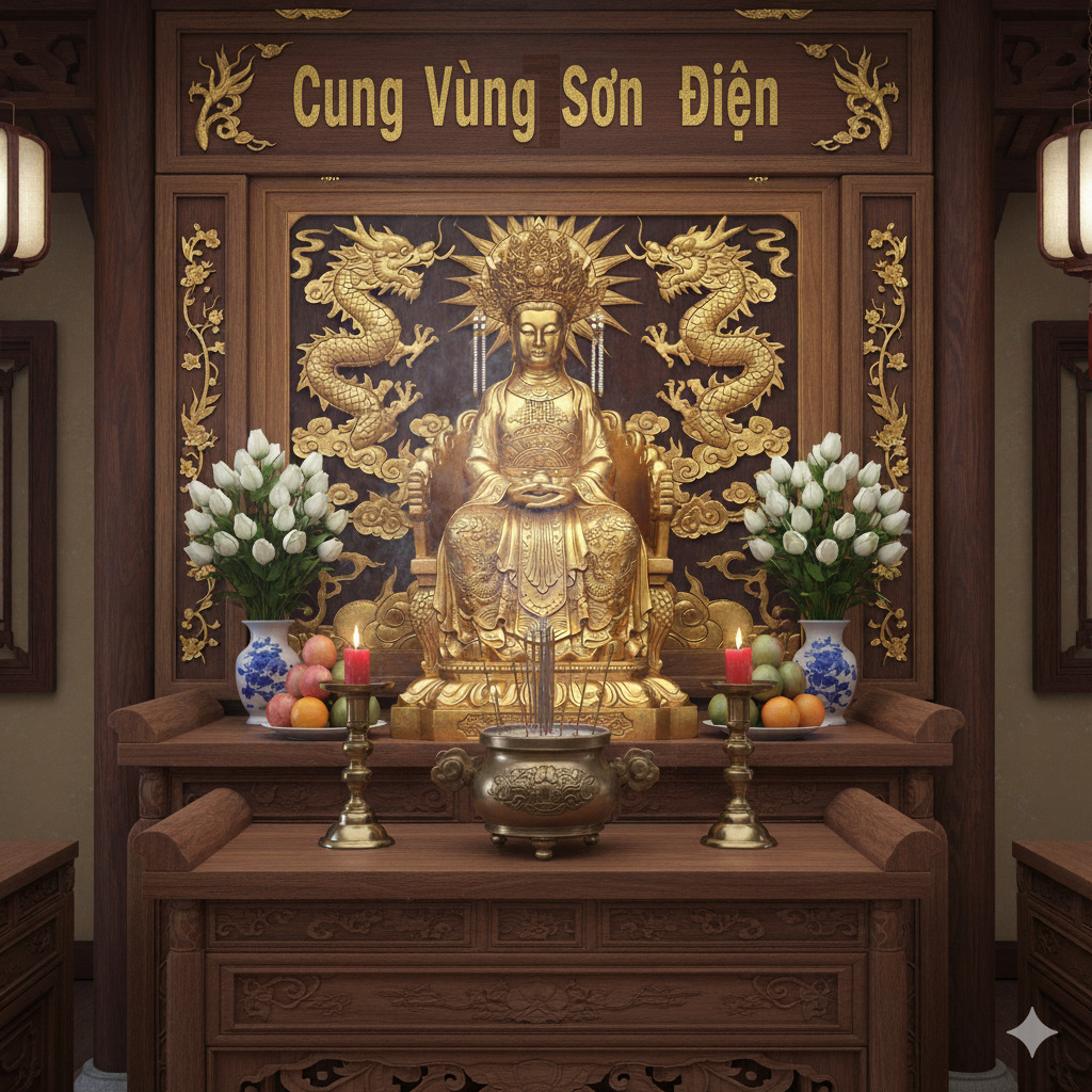 Bàn thờ Cô Cả Thượng Thiên được bài trí thanh tịnh, trang nghiêm – nơi hội tụ năng lượng cõi Trời.