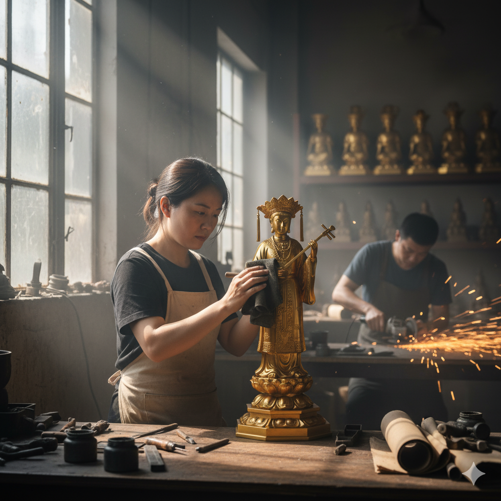 Nghệ nhân đang hoàn thiện bề mặt tượng đồng để đạt độ sáng bóng và sắc nét hoàn hảo.