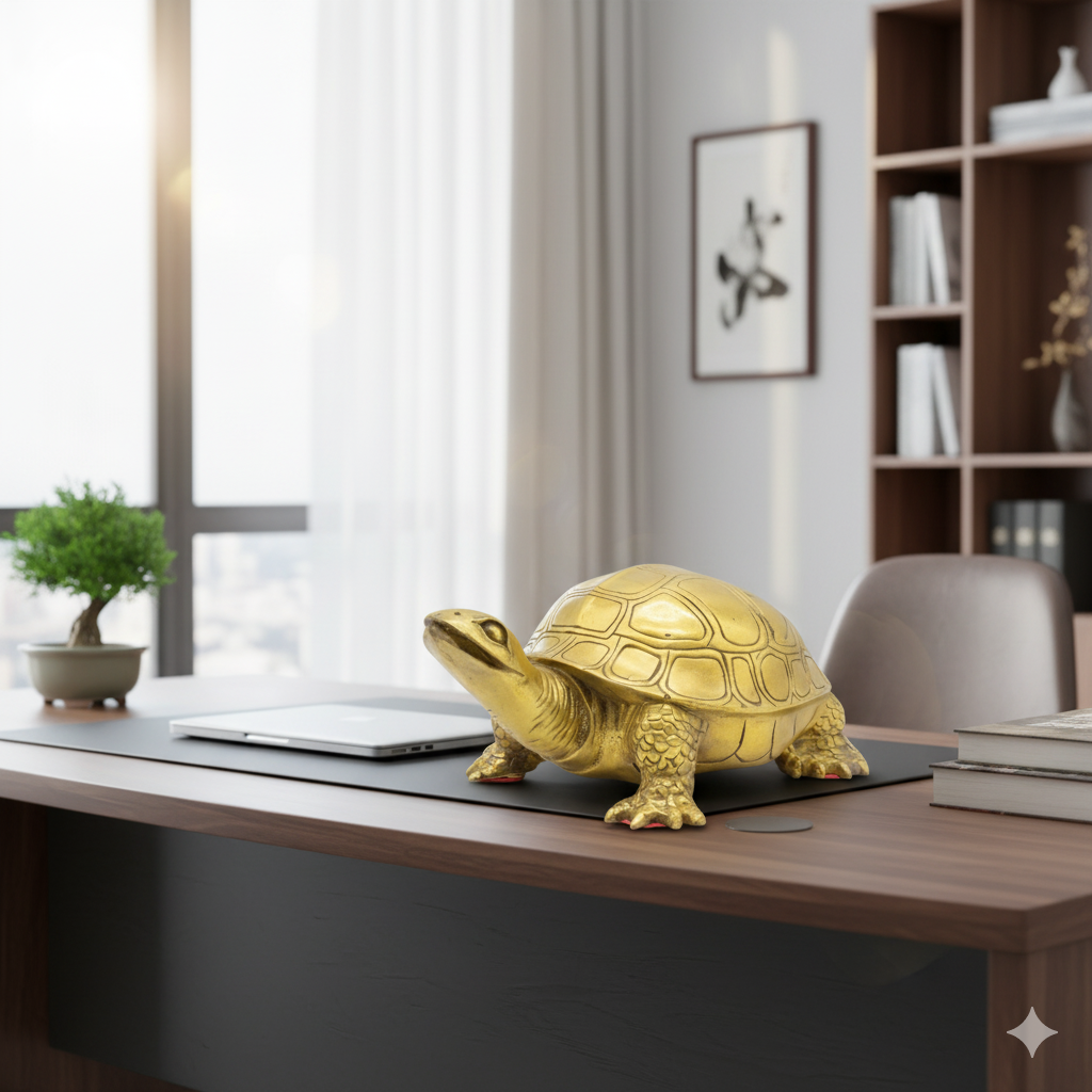 Tượng rùa đồng giả cổ đặt sau bàn làm việc – biểu tượng vững vàng, bền bỉ và thăng tiến.