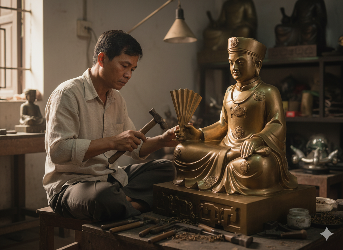 Nghệ nhân Viking Tech Group đang hoàn thiện từng chi tiết tinh xảo trên tượng Ông Hoàng Bơ Thoải bằng đồng nguyên chất.