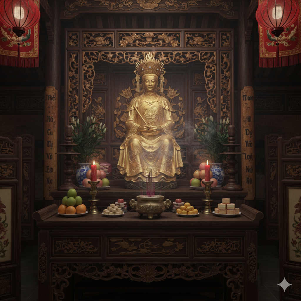 Tượng Bà Chúa Chầu Lục Cung Nương hoàn thiện, đặt tại gian thờ Mẫu Thoải trong điện Tứ Phủ.