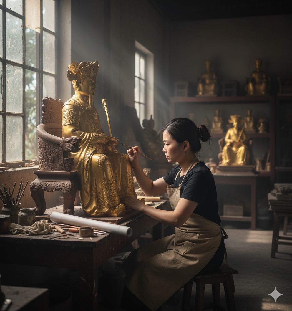 Nghệ nhân đang chế tác tượng Vua Cha Nhạc Phủ bằng đồng thủ công.