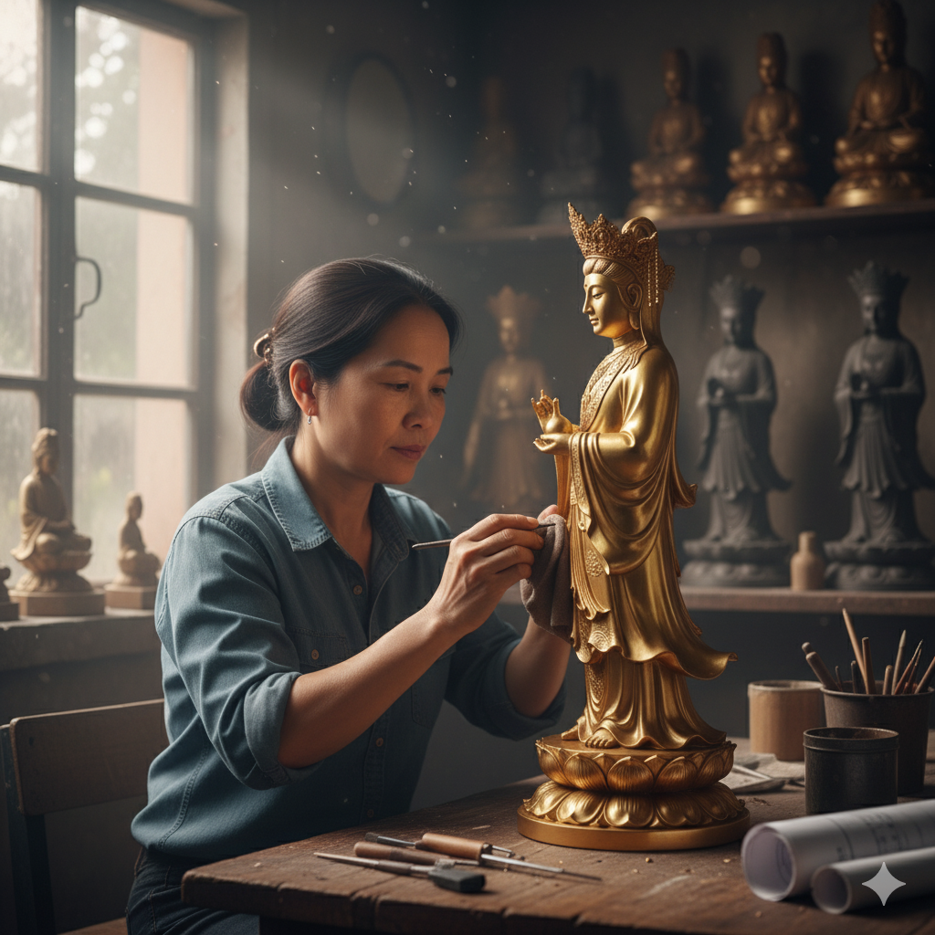 Nghệ nhân đang hoàn thiện tượng Cô Bé Thoải bằng đồng vàng – từng đường nét được xử lý tỉ mỉ, sáng bóng.