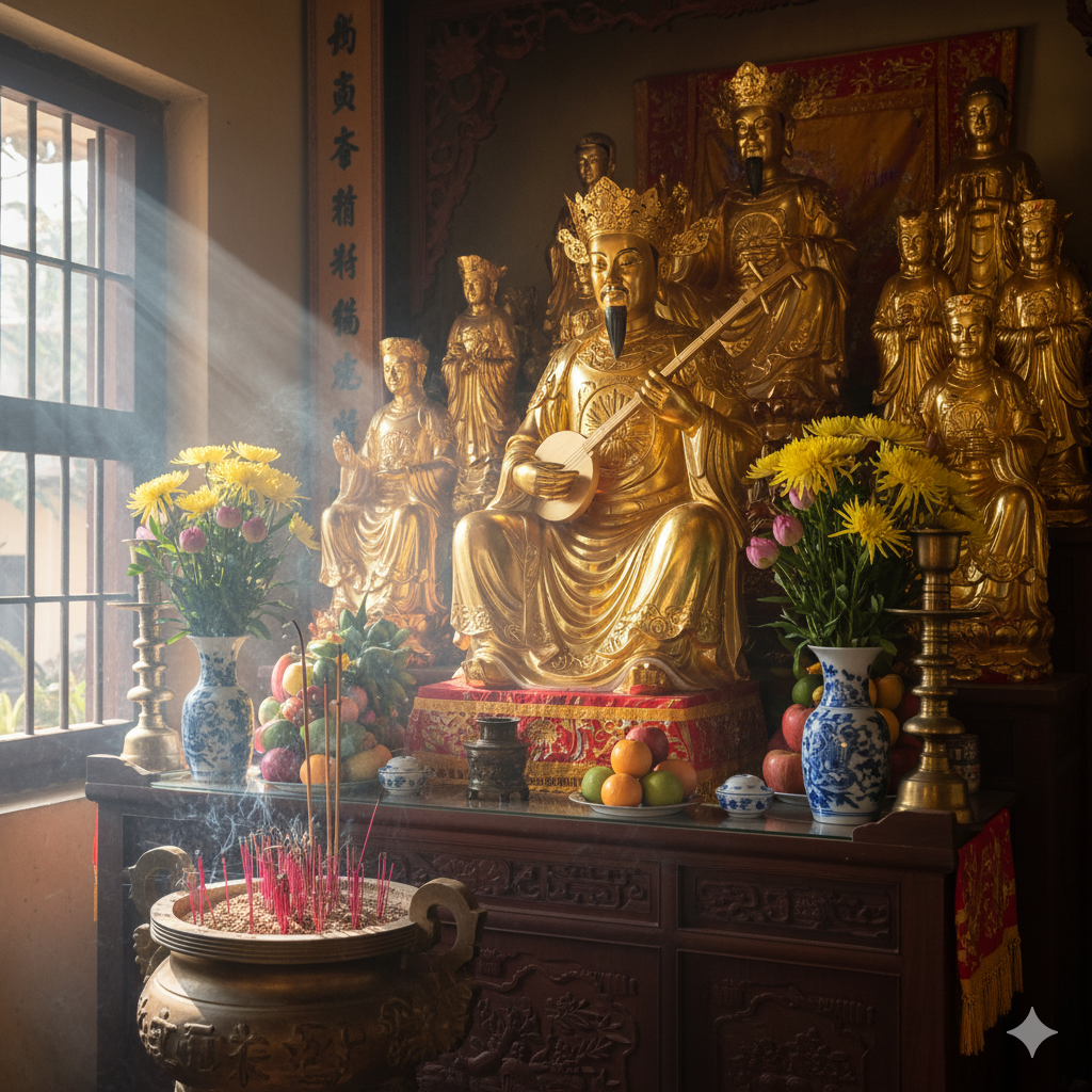 Không gian thờ tượng Vua Cha Nhạc Phủ cùng hệ thống tượng Tứ Phủ linh thiêng.