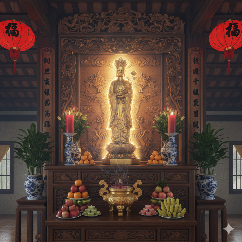 Không gian thờ Cô Bé Lục Cung bằng đồng thanh tịnh, linh thiêng – tỏa sáng phúc khí và bình an.