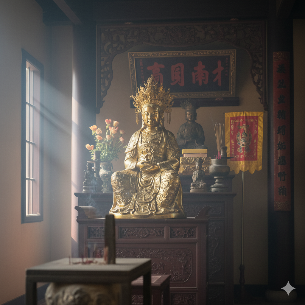 Không gian thờ Bà Chúa Chầu Bản Cảnh trang nghiêm, thanh tịnh với tượng đồng dát vàng tại tư gia.