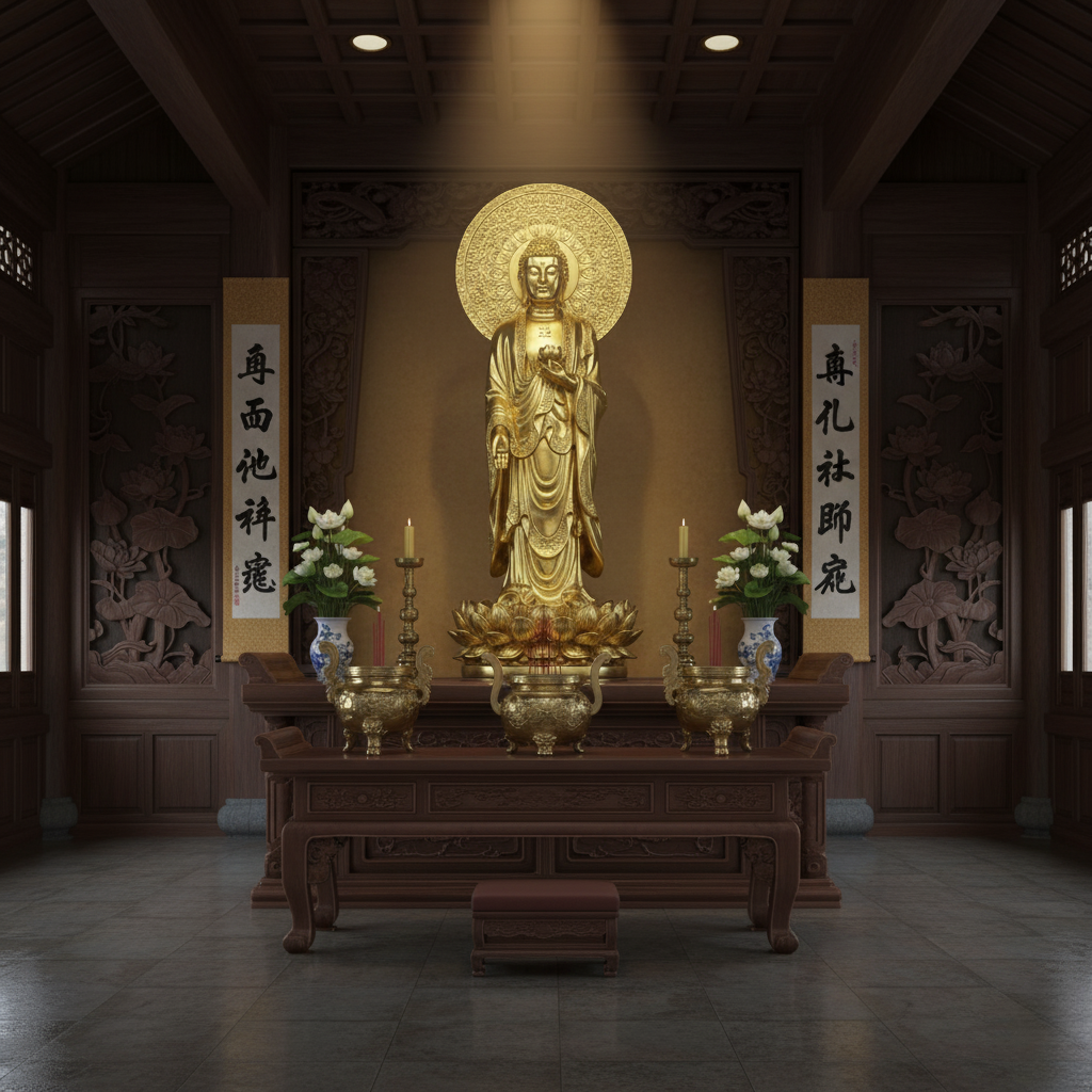 Không gian thờ Phật A Di Đà bằng đồng trang nghiêm, toát lên năng lượng an lành và thanh tịnh.