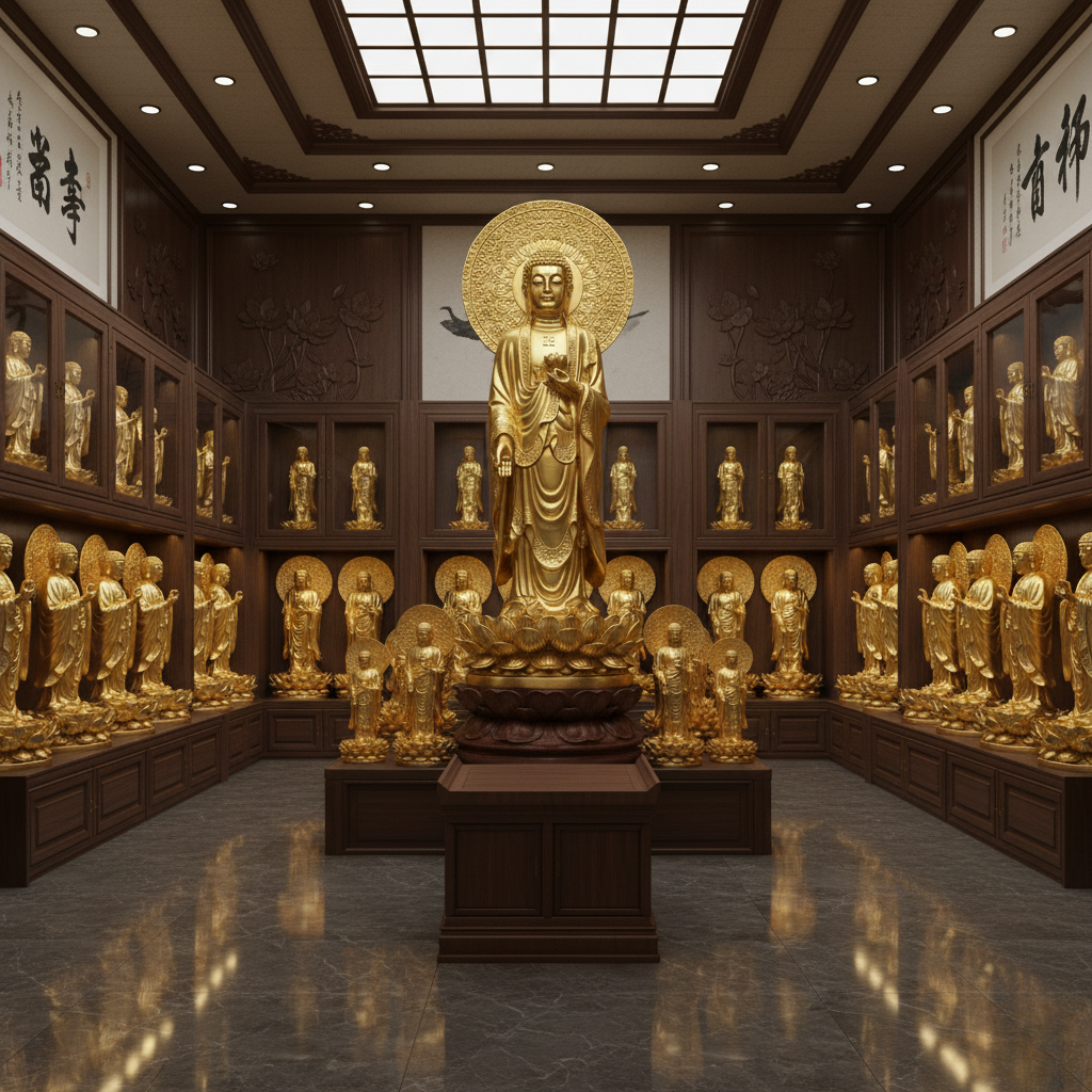 Không gian trưng bày tượng Phật A Di Đà với các kích thước khác nhau, để khách hàng dễ dàng lựa chọn