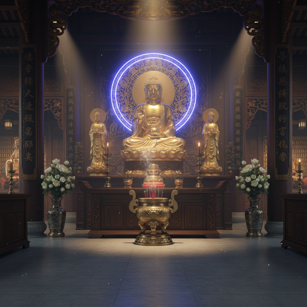 Tượng Phật Dược Sư bằng đồng được đặt trang trọng trong chánh điện – hướng về Đông Phương Tịnh Lưu Ly Thế Giới.