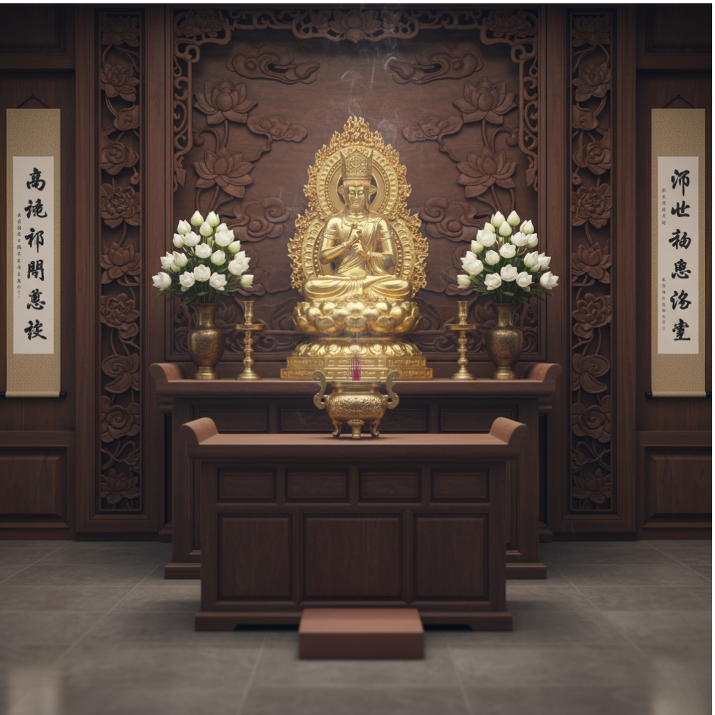 Không gian thờ Phật Tỳ Lô Giá Na bằng đồng trang nghiêm, toát lên sự tĩnh lặng và trí tuệ sâu thẳm.