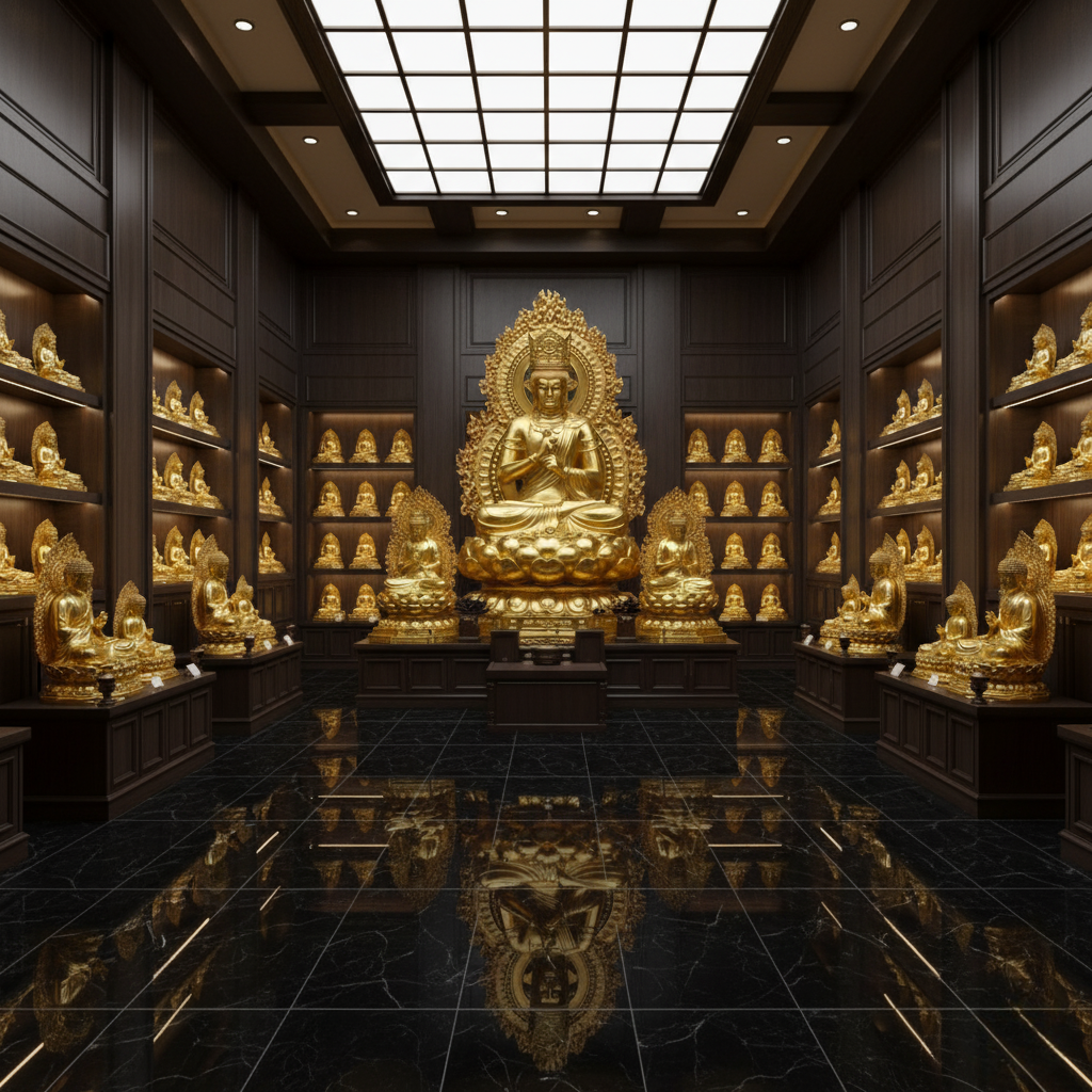 Không gian trưng bày tượng Phật Tỳ Lô Giá Na với nhiều các kích thước khác nhau