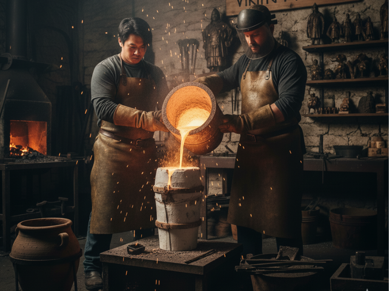 Quy trình đúc tượng đồng – rót đồng nung chảy vào khuôn sáp tại xưởng Viking.